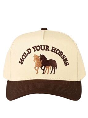Hold Your Horses Dark Brown & Cream Equestrian Embroidered Snap Back Trucker Hat